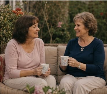 Two fictional longtime friends sharing coffee outside