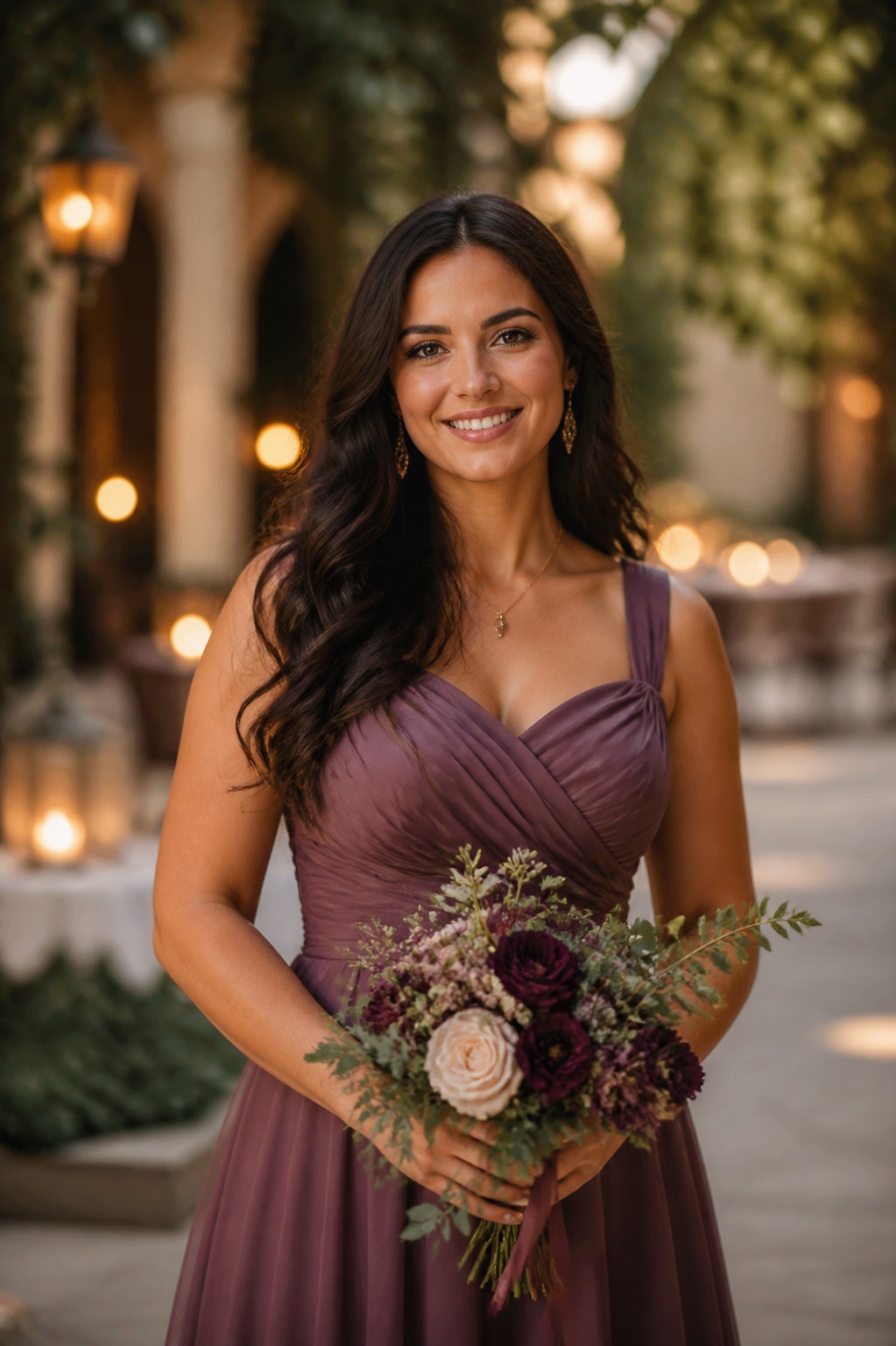 Camille Laurent, Bea’s maid of honor, at the New Orleans courtyard reception