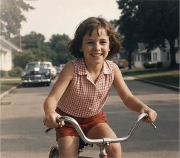 Fictional childhood memory of a girl riding her bicycle