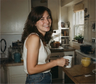 Fictional young woman smiling in a warm kitchen