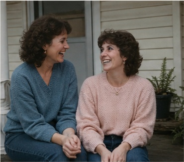 Two fictional longtime friends laughing on a porch