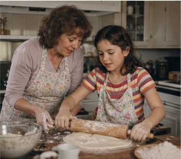 Fictional grandmother and granddaughter baking together